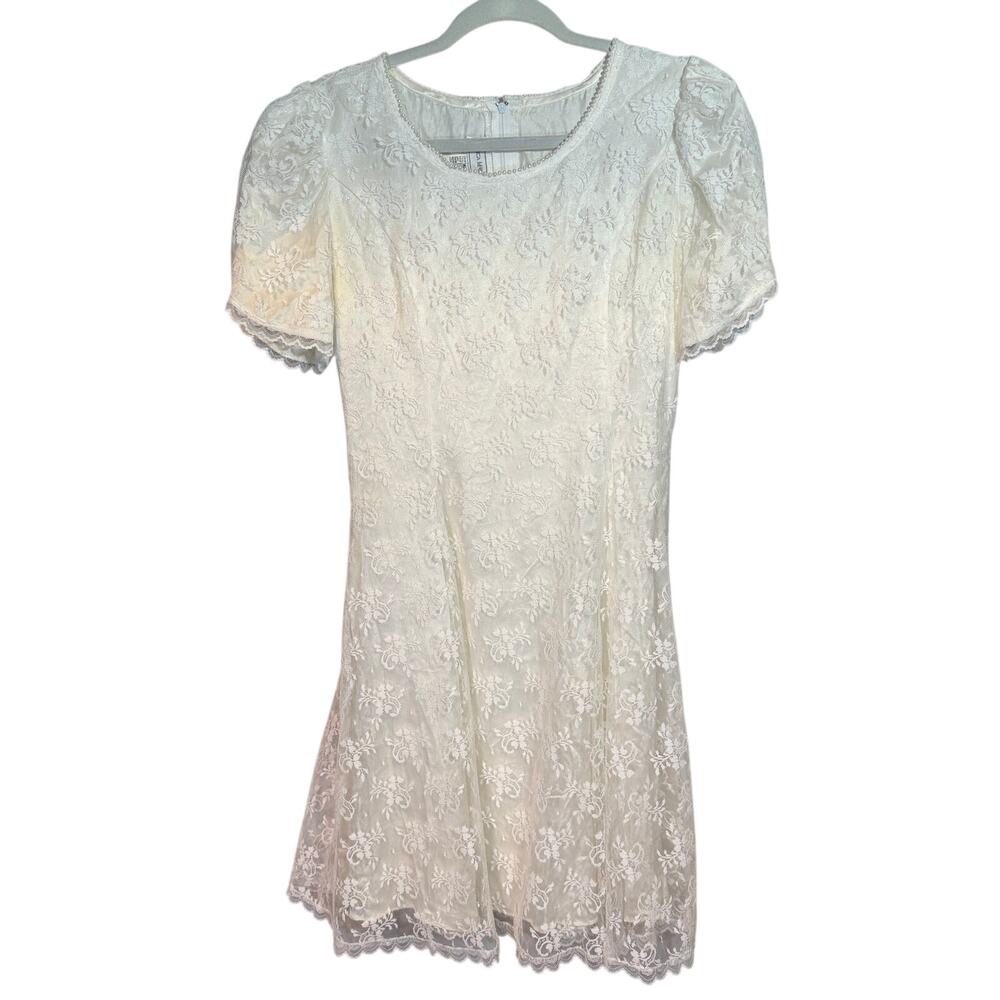 Jessica McClintock Vintage Ivory Lace Puff Sleeve Fairy Coquette Mini Dress S